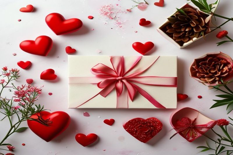 Plano estético de ideas de regalos románticos, incluidos regalos de aniversario y de San Valentín.