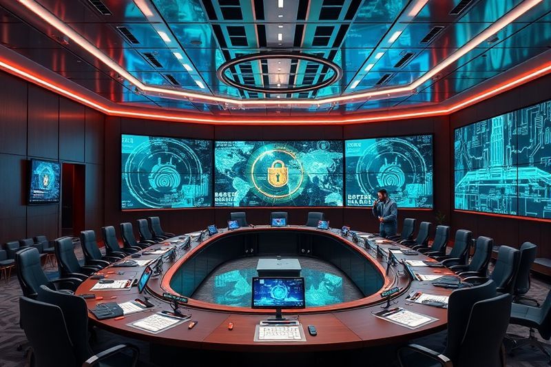 Sala futurista del consejo de seguridad con pantallas de análisis de datos que representan la gobernanza del protocolo criptográfico