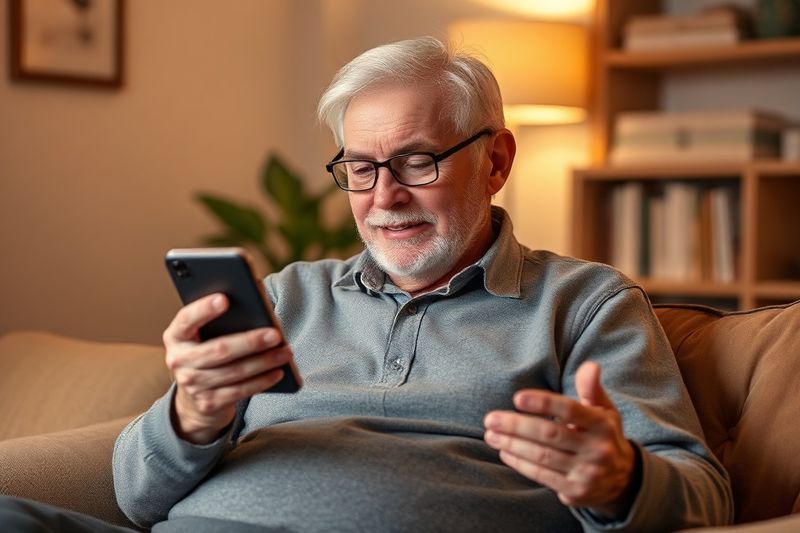 一位老年人舒适地使用 SpeakOn AI 录音机进行无障碍智能手机通信