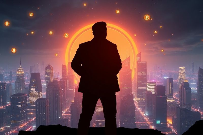 Silueta visionaria de un líder de pie ante un cielo digital de Bitcoin, que representa la filosofía de Michael Saylor.