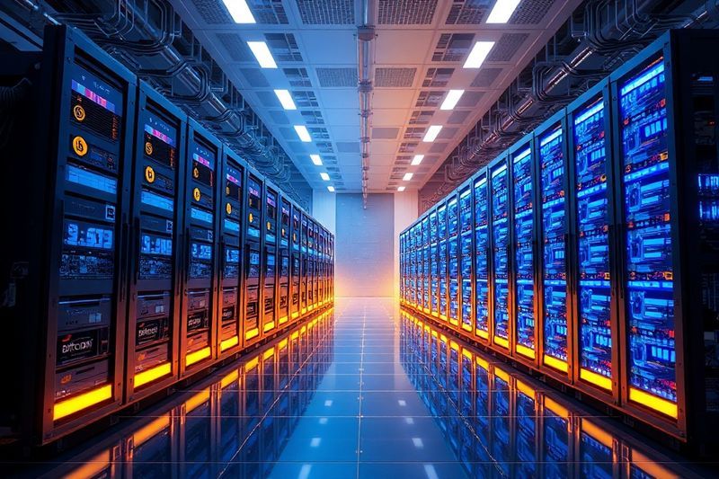 ビットコイン マイニング インフラストラクチャと AI データセンター サーバー ラックを示す分割画面