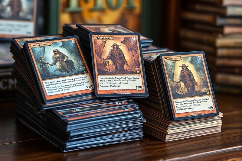 成堆的有价值的 MTG 卡，上面贴着高价标签，代表 2026 年印刷错误市场
