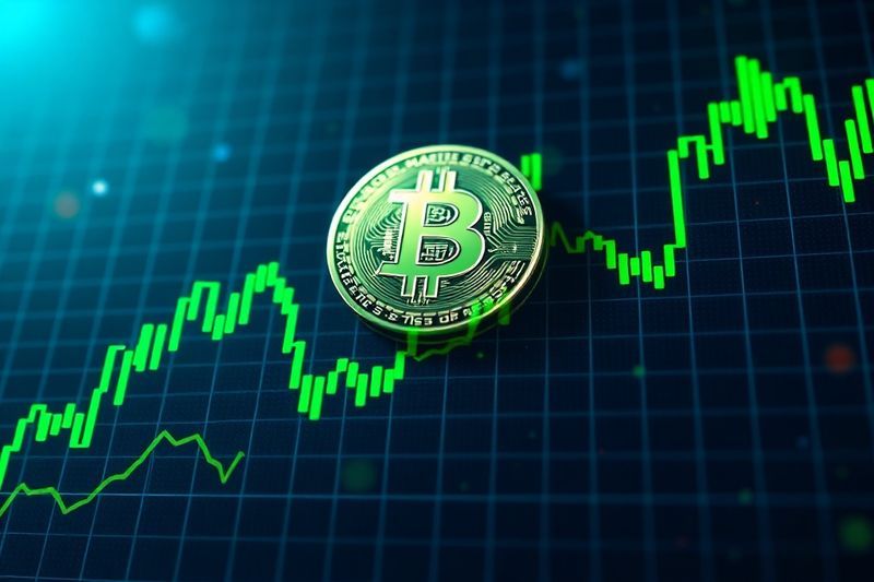 強気の 12% 上昇を示す株価チャートとビットコインのロゴのオーバーレイ