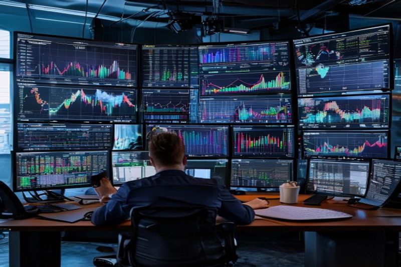 Strategic trading desk with multiple screens showing April 2026 calendar and action plan for crypto portfolio management