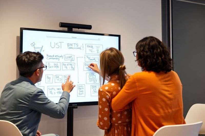 Equipo colaborando sobre una pizarra digital que representa un sprint colaborativo de 10 minutos