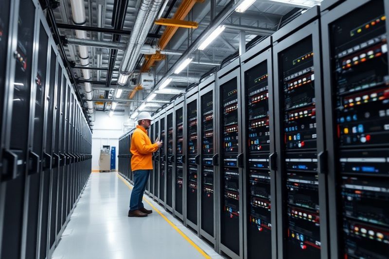 最新のデータセンターで高効率のビットコイン マイニング リグを検査する技術者