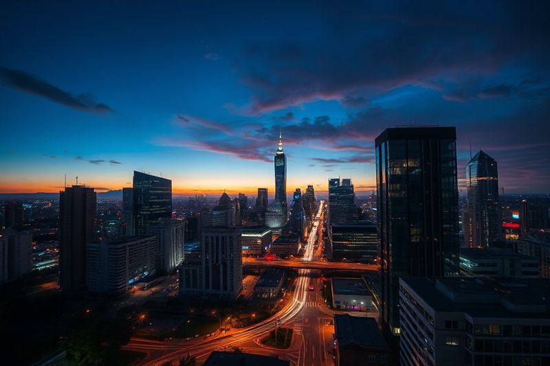 从日落到夜晚的城市景观延时摄影，显示出一致的光线变化和场景演变