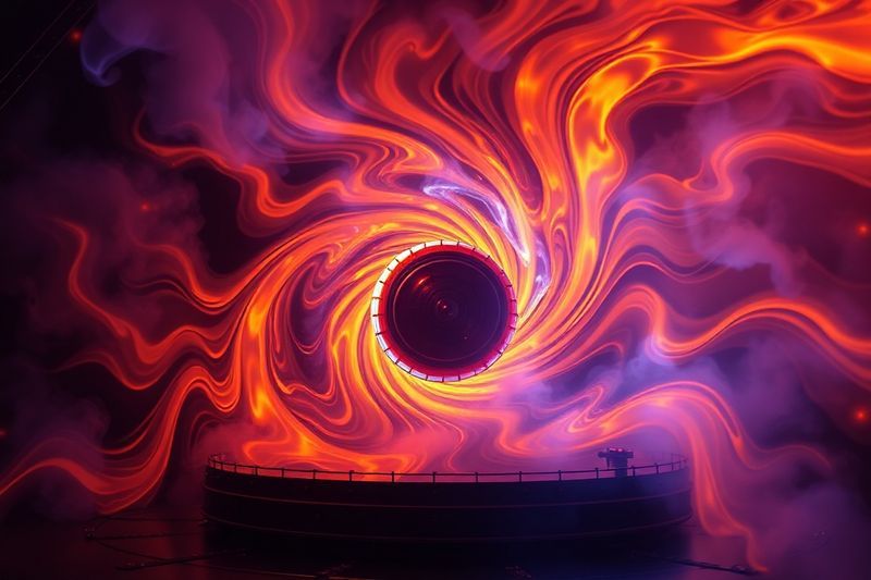 オレンジと青のプラズマが渦巻くトカマク核融合炉の内部