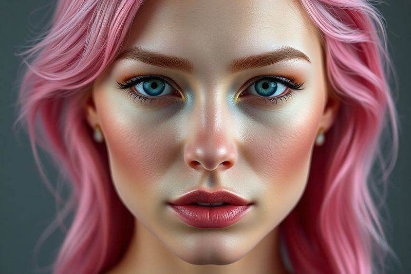 超逼真的 AI 生成粉红色头发女性的肖像，显示皮肤纹理