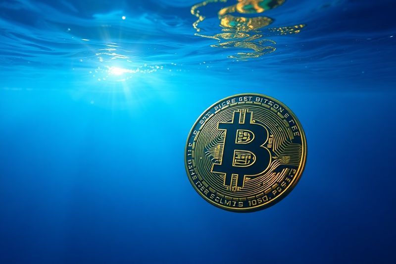 Una moneda Bitcoin digital flotando en las profundidades del agua, simbolizando estar por debajo de la base de costos.