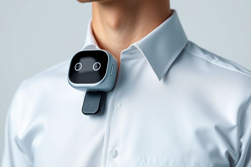 El compañero Lookie L1 AI recortado a una camisa moderna que muestra su diseño del tamaño de un botón y su estética minimalista.