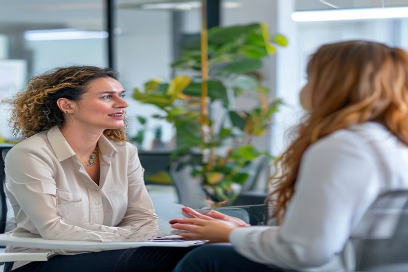 مديرة تجري محادثة حول التطوير الوظيفي مع موظفة في مكتب مشرق