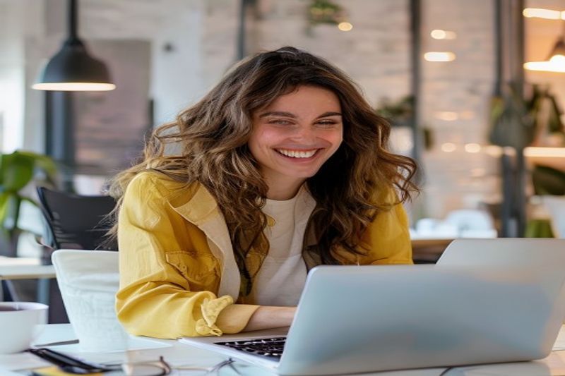 Escritor independiente que lanza con éxito su carrera trabajando en una computadora portátil en un espacio de trabajo luminoso