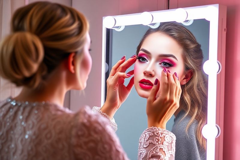 Mujer experimentando una prueba de maquillaje de realidad aumentada a través de un espejo digital brillante