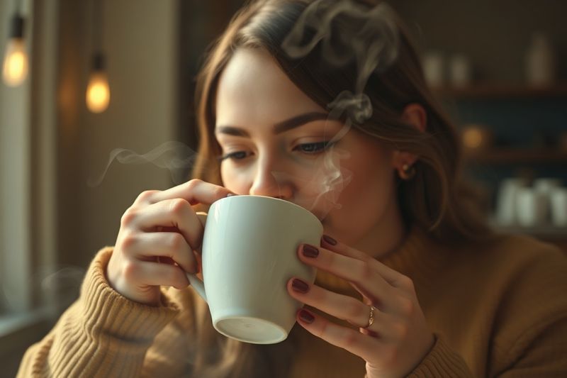 高保真 AI 视频帧展示了蒸汽的真实运动和喝咖啡的女人