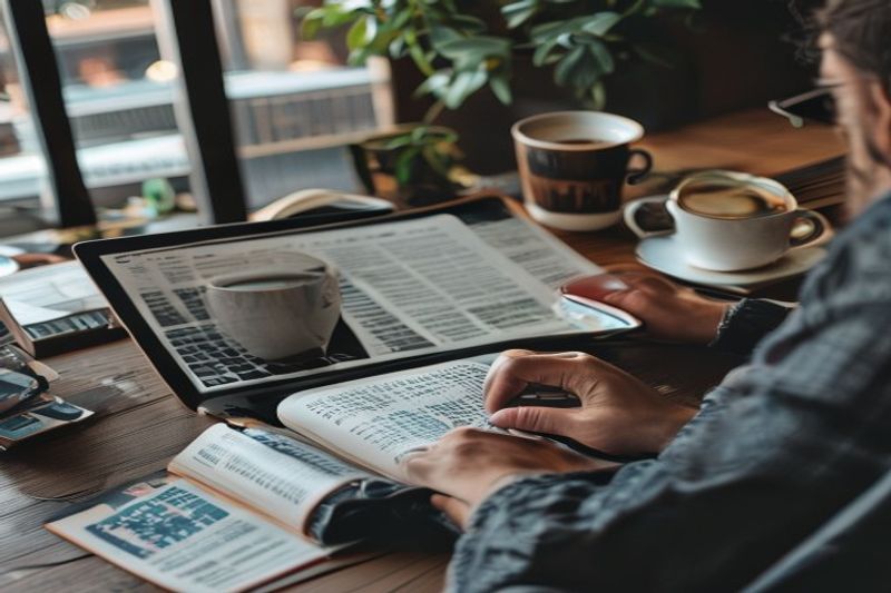 Escritor que investiga temas especializados rentables para autónomos en un espacio de trabajo de escritorio profesional